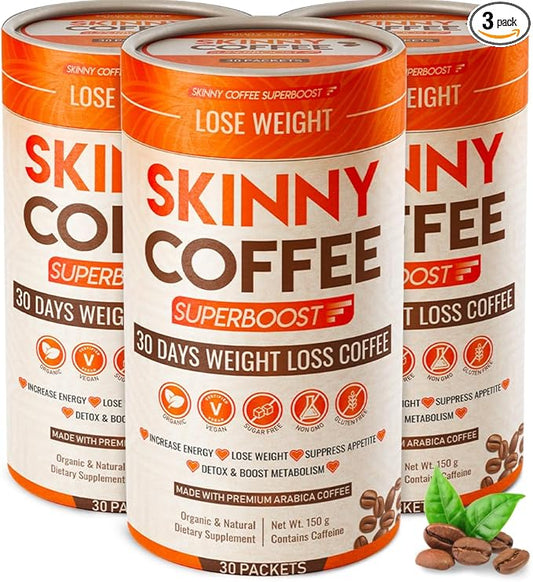 Skinny Coffee Super Boost Weight Loss Coffee, Belly Fat Burner for Women & Men, Sugar-Free, Keto, Vegan, Reduces Bloating, Supports Energy & Metabolism, Appetite Suppressant for Weight Loss (90 Packs)