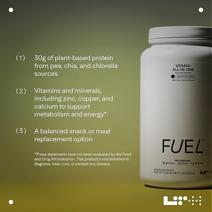 Fuel Vegan & All-in-One - Trusted by Life Time Fitness Members - 30g Protein - Plant-Based Protein Meal Replacement - Vitamins, Minerals, Digestive Enzymes & Probiotics - Chocolate, 20 Servings