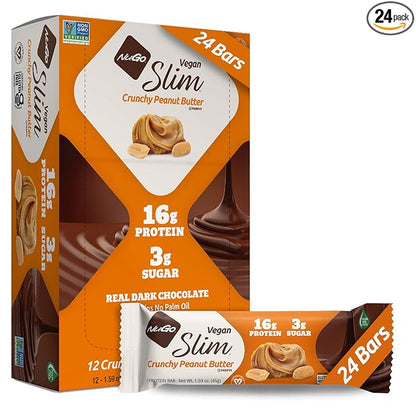 Nugo Slim Dark Chocolate Crunchy Peanut Butter, 16g Vegan Protein, 3g Sugar, 7g Fiber, Low Net Carb, Keto Friendly, Gluten Free, 24 Count