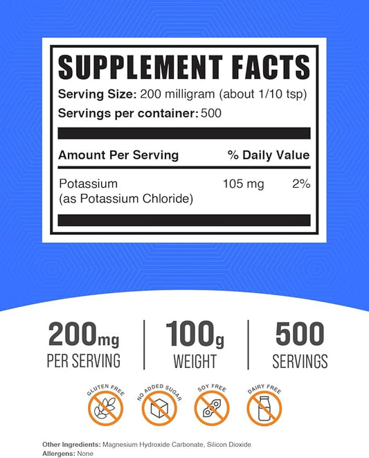 BulkSupplements.com Potassium Chloride Powder - Potassium Supplement Powder, Potassium Chloride Salt Substitute, Potassium Salt - Gluten Free, 200mg per Serving, 100g (3.5 oz) (Pack of 1)