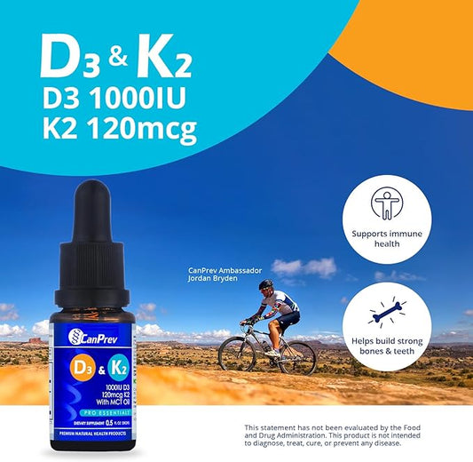 CanPrev D3 & K2 Drops - MCT Oil Base, 15ml Liquid Vitamin Supplement, 450 Drops with 250IU D3 & 30mcg MK-7 K2, Supports Strong Bones & Teeth, Easy-to-Take Formula, Free from Gluten, Dairy, Soy & Sugar