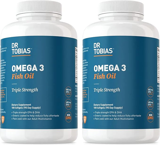 Dr. Tobias Omega 3 Fish Oil, 2000mg Triple 3 Supplement 800mg EPA 600mg DHA 3 Supplements 360 Softgels, 180 Servings
