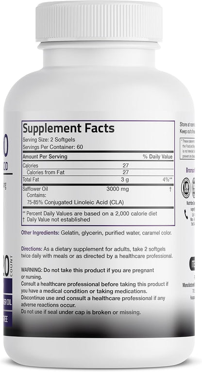 Bronson CLA 3000 Extra High Potency Supports Healthy Weight Management Lean Muscle Mass Non-Stimulating Conjugated Linoleic Acid 120 Softgels