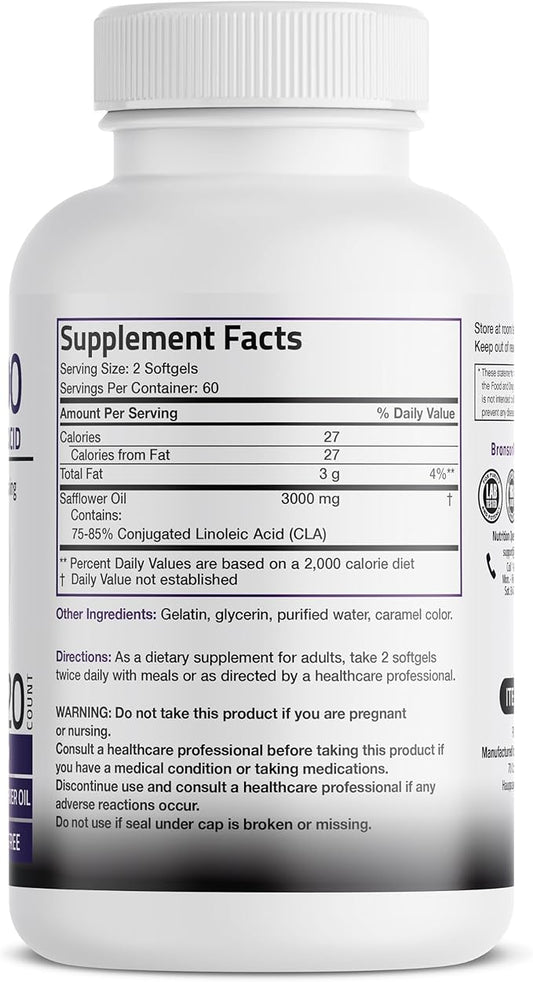 Bronson CLA 3000 Extra High Potency Supports Healthy Weight Management Lean Muscle Mass Non-Stimulating Conjugated Linoleic Acid 120 Softgels
