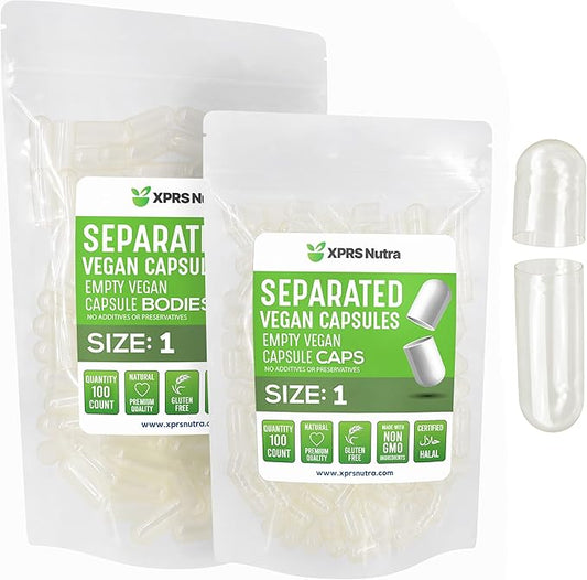 XPRS Nutra Vegan Size 1 Separated Capsules - 100 Count Premium Empty Capsules Separated in Bags - Clear Empty Capsules - Separated Empty Capsules - Pill Capsules Empty for DIY Supplement Filling