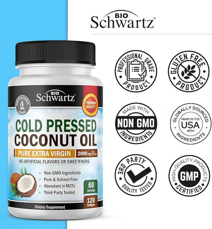 Coconut Oil Capsules 2000mg - Organic Pure Extra Virgin Unrefined Cold Pressed MCT Rich & Non-GMO for Healthy Skin Nails Hair Growth Support Bloating Anti Aging Digestion - 120ct (2 Month Supply)