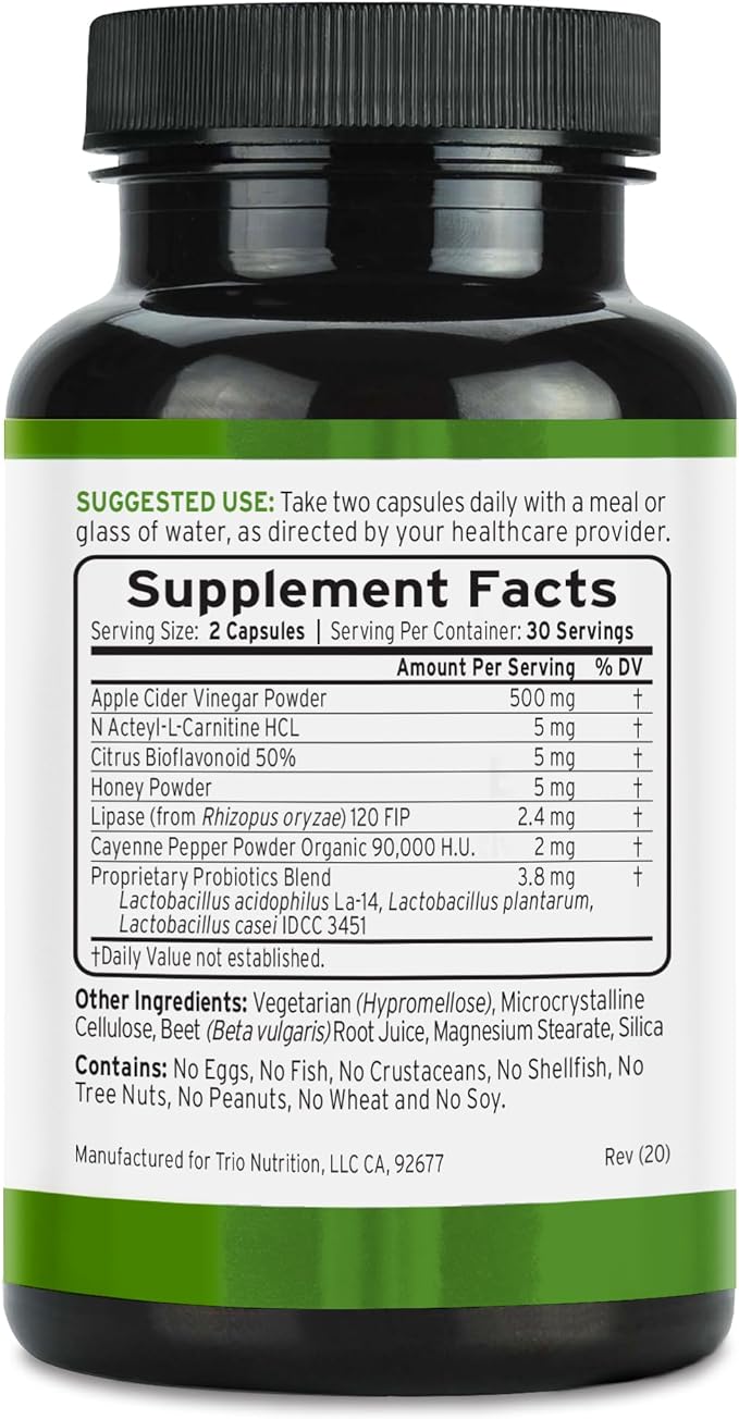TRIO NUTRITION Apple Cider Vinegar Capsules with Multi-Strain Probiotics - Natural Sugar Free ACV Capsules with The Mother for Gut Health, Immunity, Body Cleanse & Healthy pH*