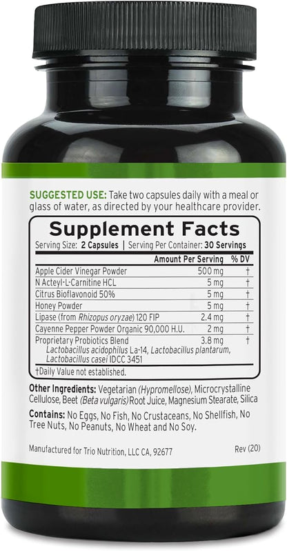 TRIO NUTRITION Apple Cider Vinegar Capsules with Multi-Strain Probiotics - Natural Sugar Free ACV Capsules with The Mother for Gut Health, Immunity, Body Cleanse & Healthy pH*