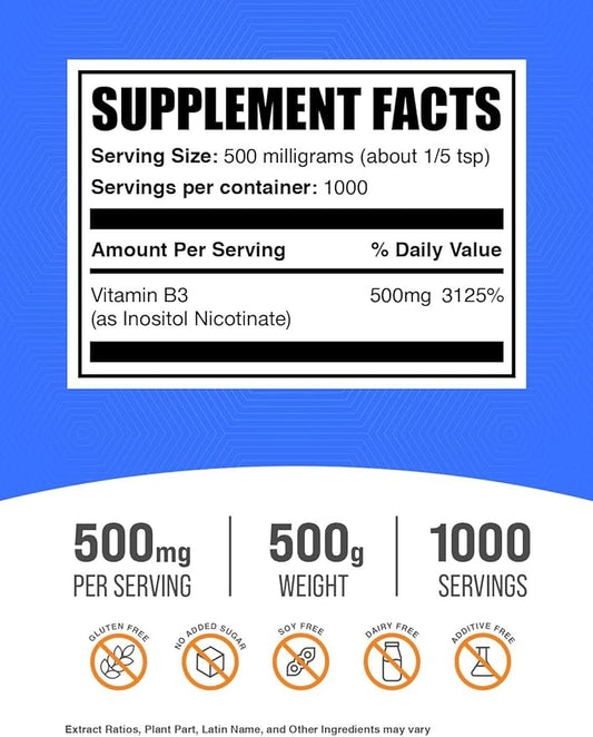 BulkSupplements.com Flush Free Niacin Powder - as Inositol Hexanicotinate, Vitamin B3 Supplement, Niacin 500mg Flush Free - Gluten Free, 500mg of per Serving, 500g (1.1 lbs) (Pack of 1)