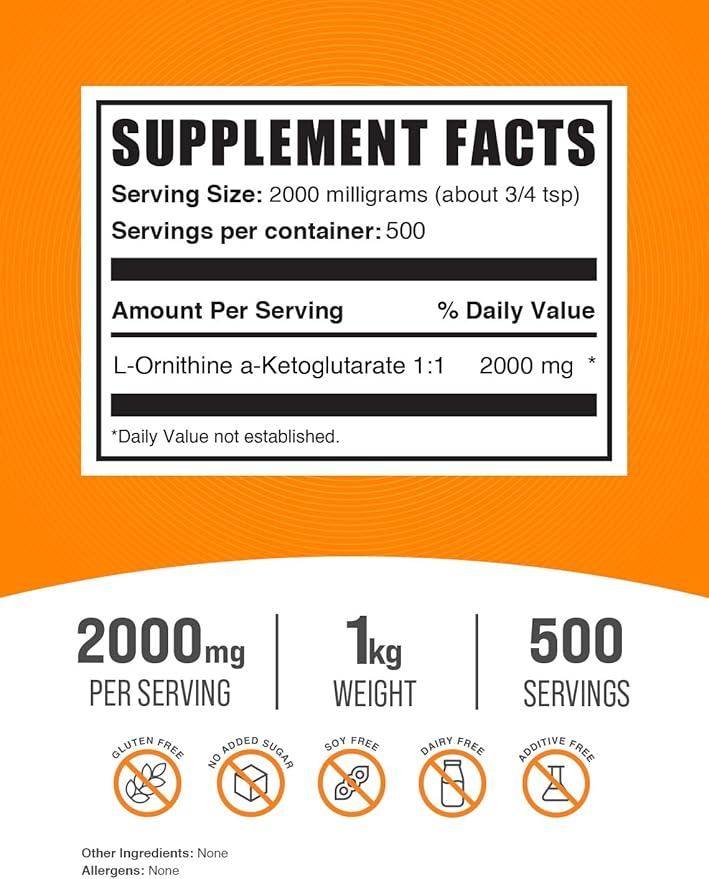 BulkSupplements.com L-Ornithine Alpha-Ketoglutarate Powder - OKG Supplement, Nitric Oxide Supplement, Ornithine Supplement - Gluten Free, 2000mg per Serving, 1kg (2.2 lbs) (Pack of 1)