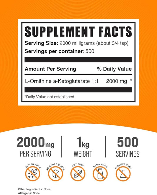 BulkSupplements.com L-Ornithine Alpha-Ketoglutarate Powder - OKG Supplement, Nitric Oxide Supplement, Ornithine Supplement - Gluten Free, 2000mg per Serving, 1kg (2.2 lbs) (Pack of 1)