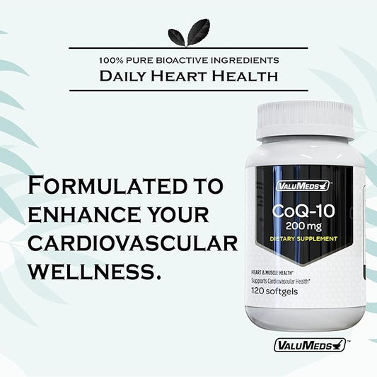 ValuMeds CoQ-10 Non-GMO Coenzyme Q10 Supplement, 120 Softgels (120 Count 1), 200 200 mg)