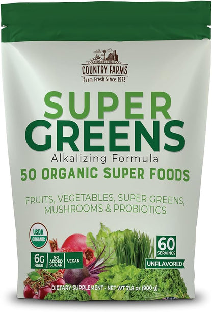 COUNTRY FARMS Super Greens Natural Flavor, 50 Organic 60 Servings, 900g