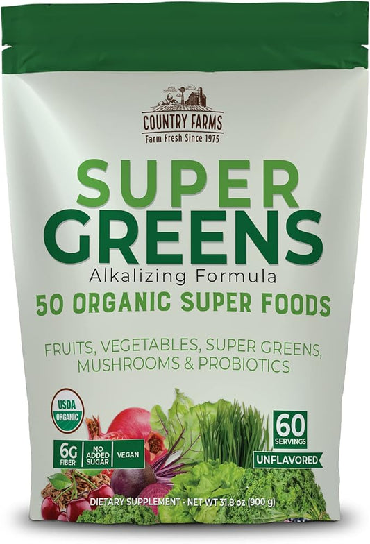 COUNTRY FARMS Super Greens Natural Flavor, 50 Organic 60 Servings, 900g