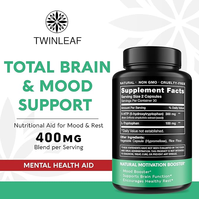 TWINLEAF 5 HTP Supplement for Mood Support - Made in USA - Natural 5-HTP & L-tryptophan Capsules - 5-HTP Booster for Men & Women - Proprietary Formula for Mood and Relaxation - 60 Vegan Capsules