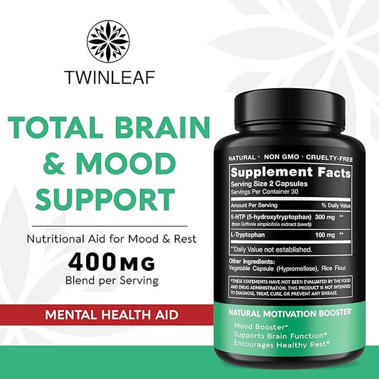 TWINLEAF 5 HTP Supplement for Mood Support - Made in USA - Natural 5-HTP & L-tryptophan Capsules - 5-HTP Booster for Men & Women - Proprietary Formula for Mood and Relaxation - 60 Vegan Capsules