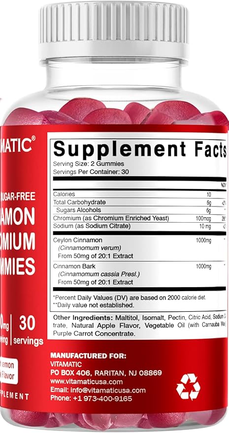 2 Pack - Vitamatic Sugar Free Chromium Gummies with Ceylon Cinnamon - 2000 mg per Serving - Non-GMO - Gluten Free - 60 Vegan Gummies