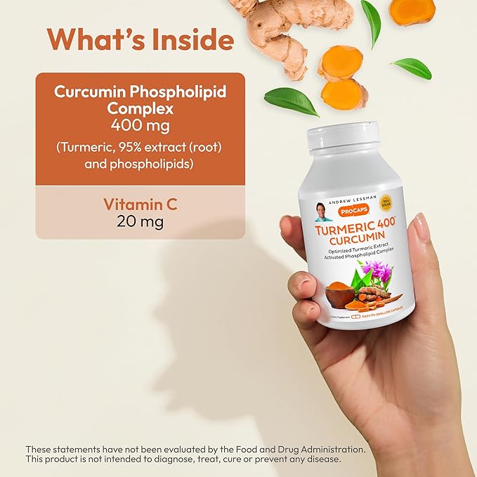 Andrew Lessman Turmeric 400-30 Capsules – 95% Curcuminoids as Phospholipid Complex for Optimum Benefits and Greater Absorption, High Potency Standardized Extract, Small Easy to Swallow Capsules
