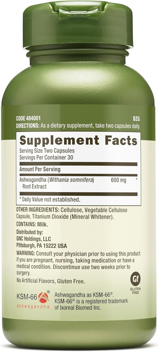 GNC Herbal Plus Ashwagandha 600mg, Stress Relief Support, 60 Capsules