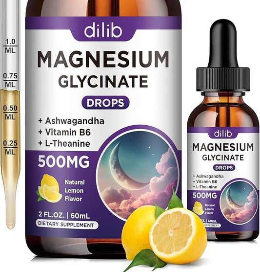Magnesium Glycinate Supplement, Magnesium Liquid Drops 500mg Vitamin B6, Ashwagandha,