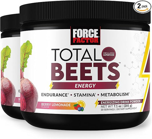 FORCE FACTOR Total Beets Energy Drink Mix 2-Pack, Superfood Beet Root Powder, Nitrates to Boost Energy, Support Circulation, Blood Flow, Nitric Oxide and Stamina, Heart Health Supplement, 60 Servings