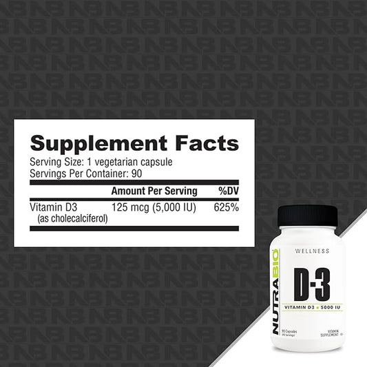 NutraBio Vitamin D (5000 IU), Immune Support - 90 Vegetable Capsules