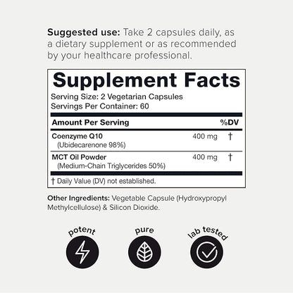 Ultra High Purity CoQ10 400mg 98% Purified CoQ10 Supplement Q10 -Bioavailable -120 Veggie