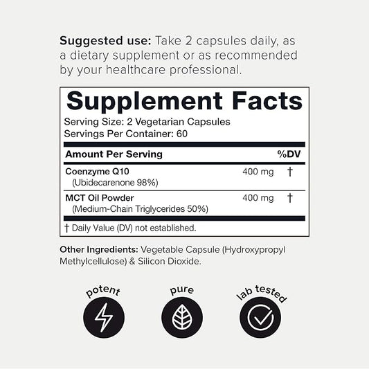 Ultra High Purity CoQ10 400mg 98% Purified CoQ10 Supplement Q10 -Bioavailable -120 Veggie