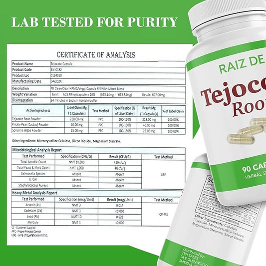 Tejocote Root Premium Herbal Supplement - Lab Tested for Purity - Natural and Healthy Detox and Weight Loss Support- 90 Tejocote Root en Forma de Capsulas