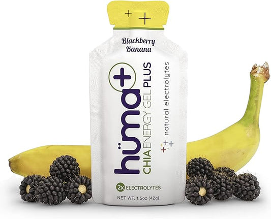 Huma Plus (Double Electrolytes) - Chia Energy Gel, BlackBerry Banana, 24 Gels - Stomach Friendly, Real Food Energy Gels