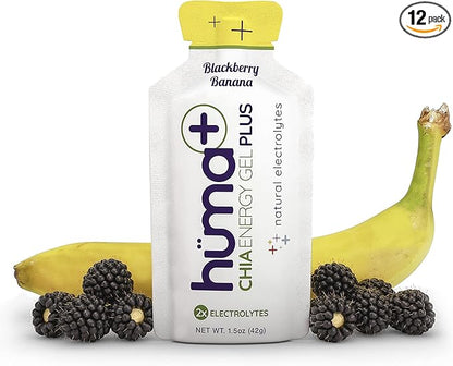 Huma Plus (Double Electrolytes) - Chia Energy Gel, BlackBerry Banana, 12 Gels - Stomach Friendly, Real Food Energy Gels
