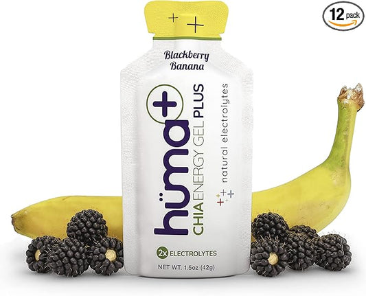 Huma Plus (Double Electrolytes) - Chia Energy Gel, BlackBerry Banana, 12 Gels - Stomach Friendly, Real Food Energy Gels