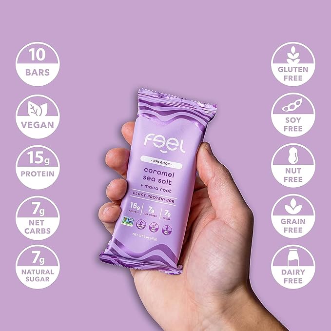 Feel Vegan Protein Bars | Caramel Sea Salt | Keto | Gluten Free | Organic | Maca | 15g Plant Protein | Low Carb | High Protein | Dairy Free | Low Sugar | Grain Free | Nut Free | Soy Free | Non GMO - (Caramel Sea Salt, 10 Pack)