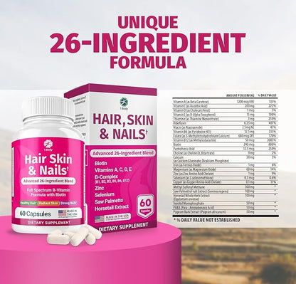 1 Body Hair Skin and Nails Vitamins with Biotin – Contains 26 Vitamins, Minerals and Herb Extracts – Hair and Nail Growth, Glowing Skin Supplements Formula for Men and Women – 60 Vegan Capsules