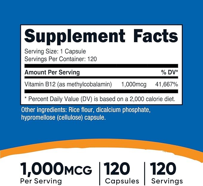 Nutricost Vitamin B12 (Methylcobalamin) 1000mcg, 120 Capsules B12 Supplement