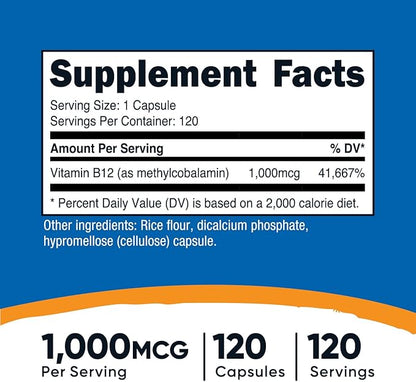 Nutricost Vitamin B12 (Methylcobalamin) 1000mcg, 120 Capsules B12 Supplement