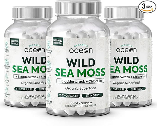 Wild Sea Moss Capsules - 100% Organic Irish Sea Moss with Organic Chlorella, Bladderwrack and Vitamin D for Energy, Lung Health and Thyroid Support for Women and Men - 3 Bottles