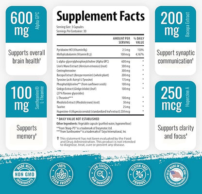 1 Body Brain Supplement Capsules with Lions Mane for Memory and Focus - Nootropics, Alpha GPC, Bacopa Monnieri
