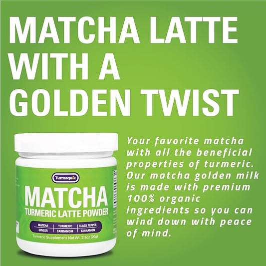 Turmaquik Organic Turmeric Matcha Powder, Matcha Latte Powder with Turmeric, Superfood Blend of Matcha, Turmeric, Ginger, Cardamom, Black Pepper, and Cinnamon (3.2 Ounce)