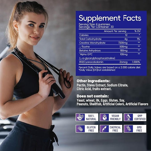 Creatine Monohydrate Gummies for Men & Women 120 CT - 7200mg of Creatine Monohydrate per Serving, Chewable Creatine Monohydrate for Muscle Support & Energy Boost, Sugar Free, Vegan (BlueberryFlavor)