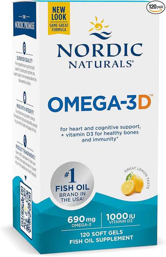 Nordic Naturals Omega-3D, Lemon Flavor 120 Soft 690 mg Omega-3 + 1000 IU D3 - 60 Servings