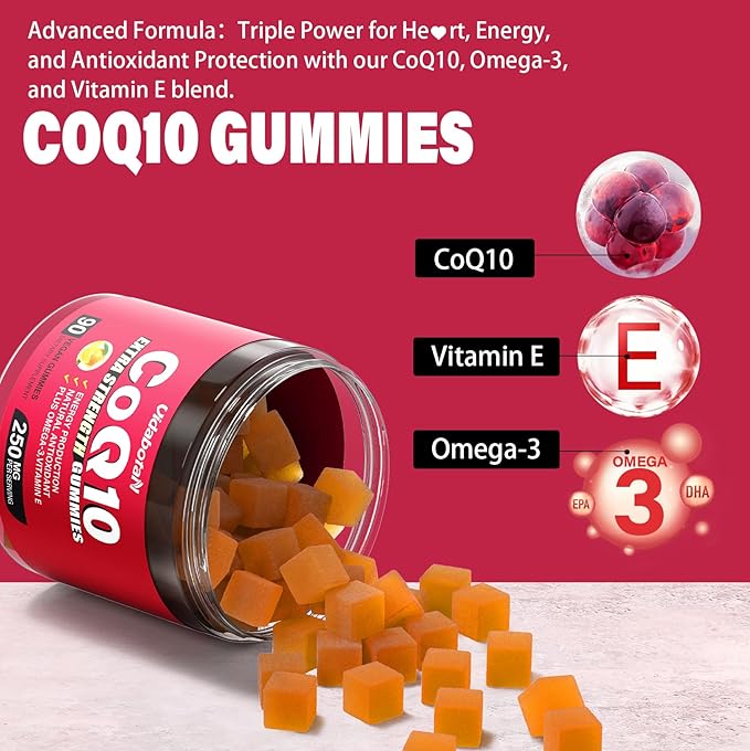 Sugar Free CoQ 10 gummies 250mg Omega-3, High Q10 Supplements 90 chewable