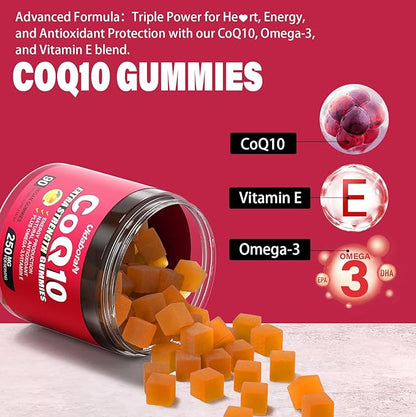 Sugar Free CoQ 10 gummies 250mg Omega-3, High Q10 Supplements 90 chewable