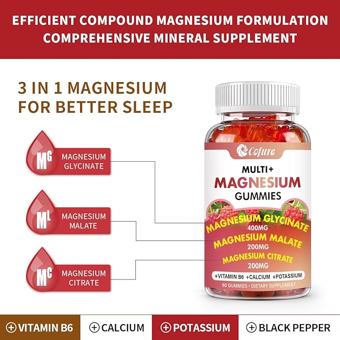 Magnesium Glycinate 400mg, Citrate 200mg, Malate 200mg, Triple B6- Vegan, 60 Raspberry