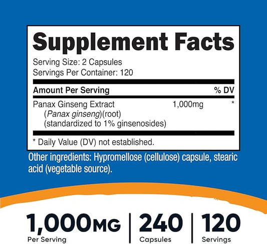 Nutricost Panax Ginseng 1000mg, 240 Capsules 120 Servings