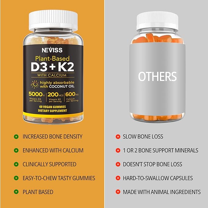 Vitamin D3 5000iu & K2( as MK7 ) 200mcg Gummies 600mg Calcium, D3 K2 K2 Supplement 2Packs