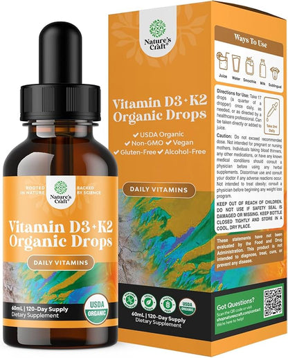 Natures Craft Liquid Vitamin D3 with K2 for Adults - Organic Drops 2000IU per Serving Vegan Bone Muscle Heart & Immune Support MCT Oil Enhanced Absorption