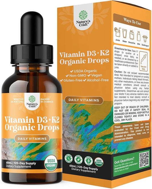 Natures Craft Liquid Vitamin D3 with K2 for Adults - Organic Drops 2000IU per Serving Vegan Bone Muscle Heart & Immune Support MCT Oil Enhanced Absorption