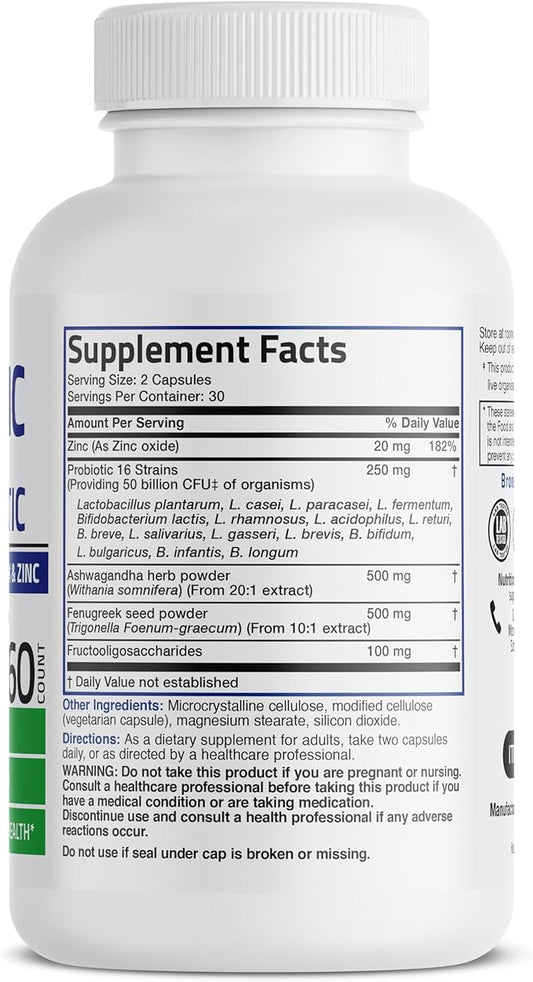 Bronson Men's Probiotic 50 Billion CFU Plus Prebiotic with Ashwagandha, Fenugreek & Zinc, Supports Healthy Digestion & Immune Function Non-GMO, 60 Vegetarian Capsules