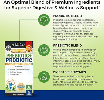 Prebiotics and Probiotic with Whole Food Enzymes for Adults Women & Men - Probiotics Lactobacillus Acidophilus - Digestive Health Capsules Shelf Stable Supplement - Non-GMO Gluten & Dairy Free -30ct
